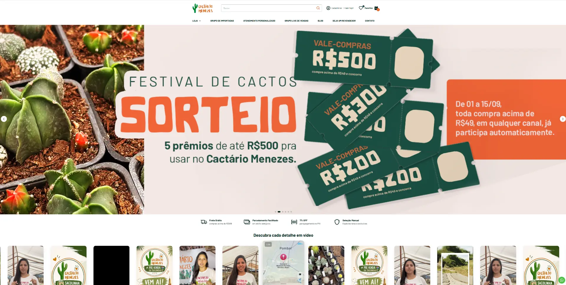 Home da loja Cactário Menezes na Nuvemshop, com banner de frete especial e vitrine por categoria