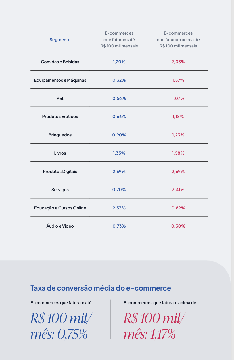 Conversão por segmento e média geral