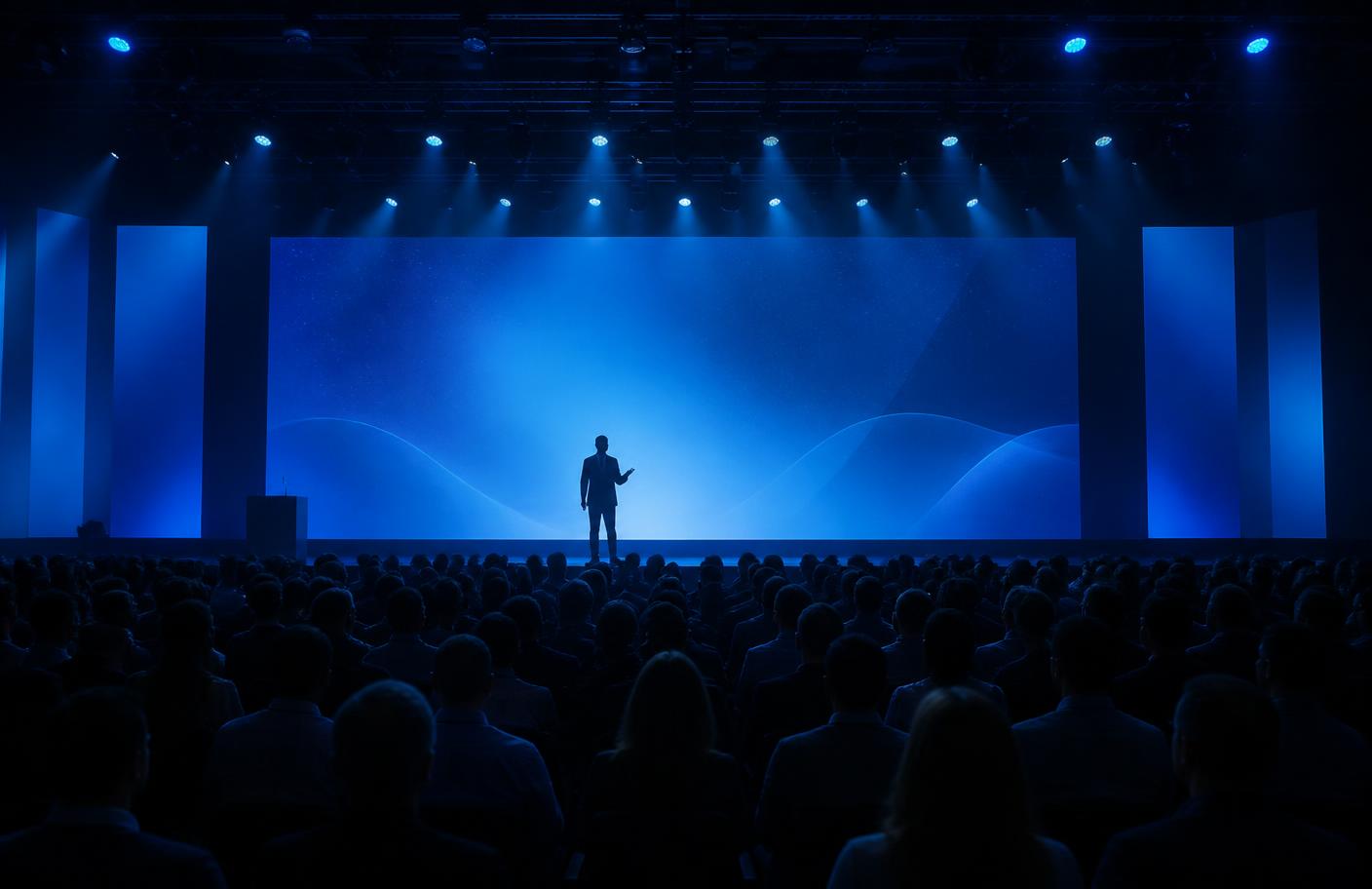 Palco de evento de e-commerce com plateia cheia